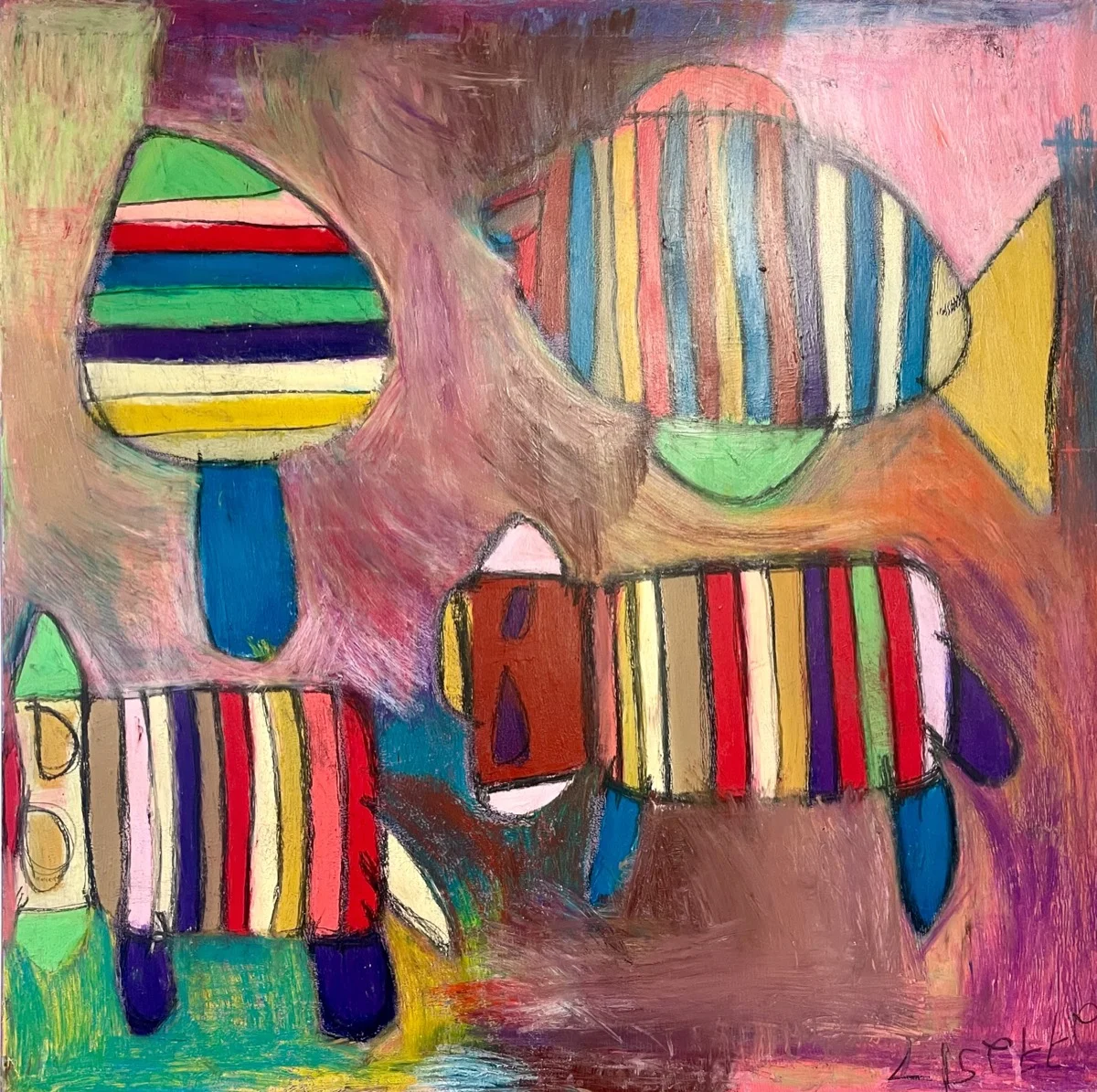 Boom, vis en koeien — schilderij door Lisette Koppejan, 100 × 100 cm